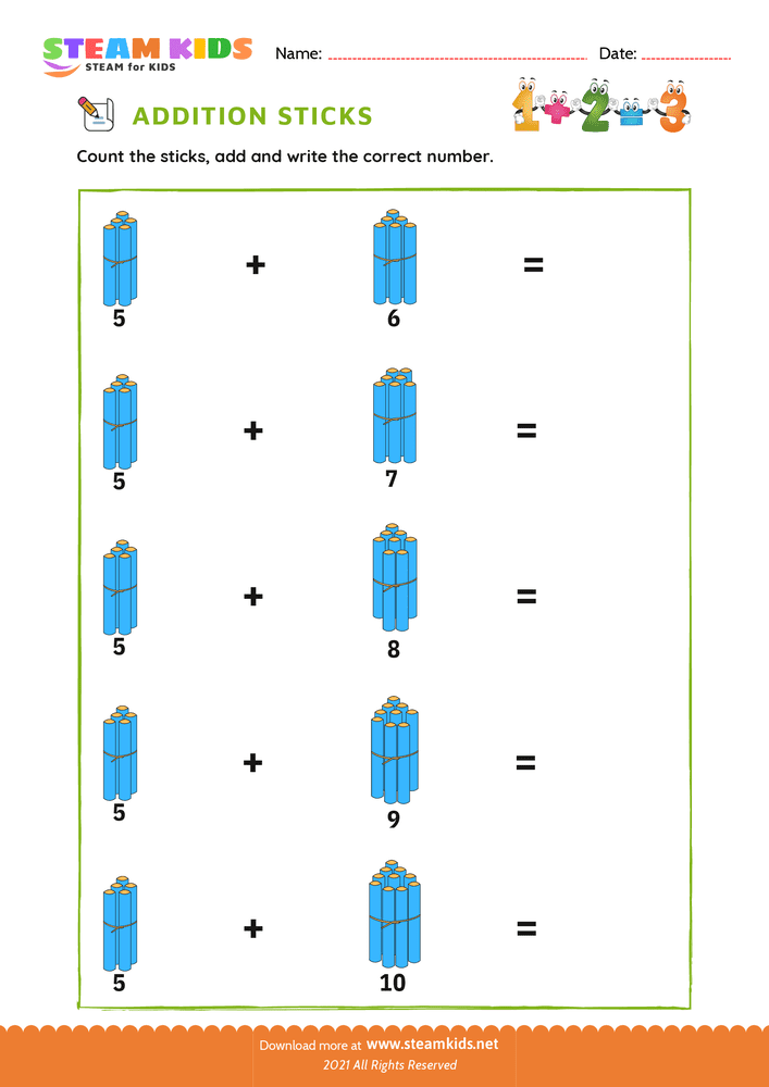 Free Math Worksheet - Addition with Sticks - Worksheet 19