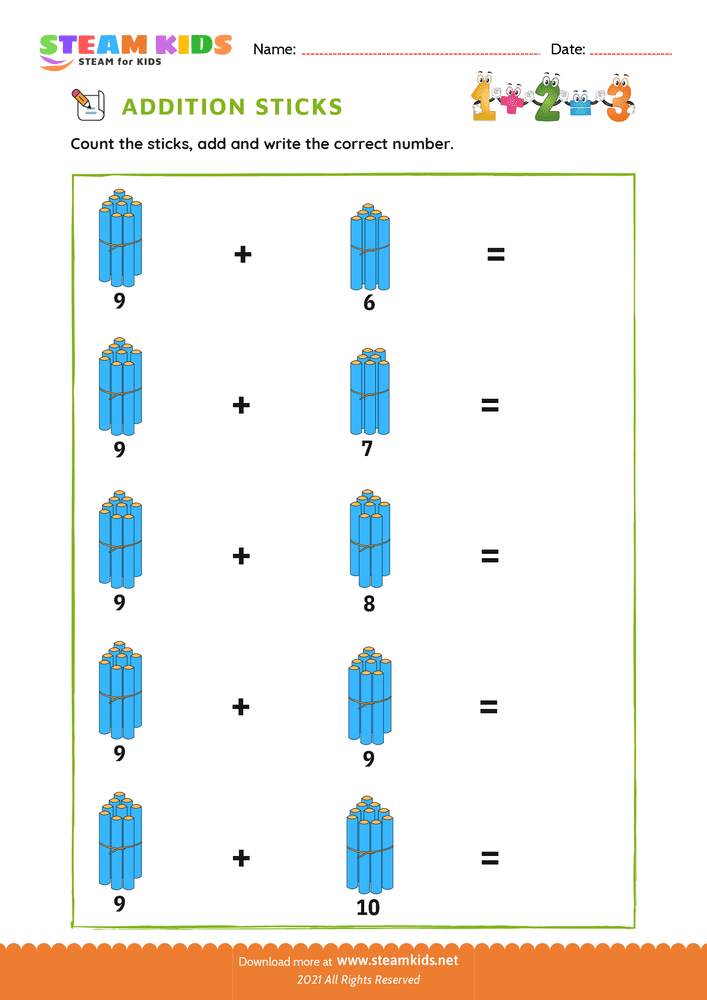 Free Math Worksheet - Addition with Sticks - Worksheet 20