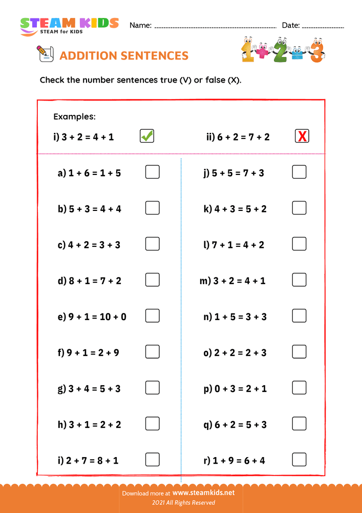 Free Math Worksheet - Check true or false - Worksheet 1