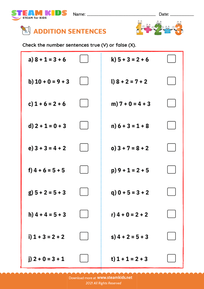 Free Math Worksheet - Check true or false - Worksheet 2