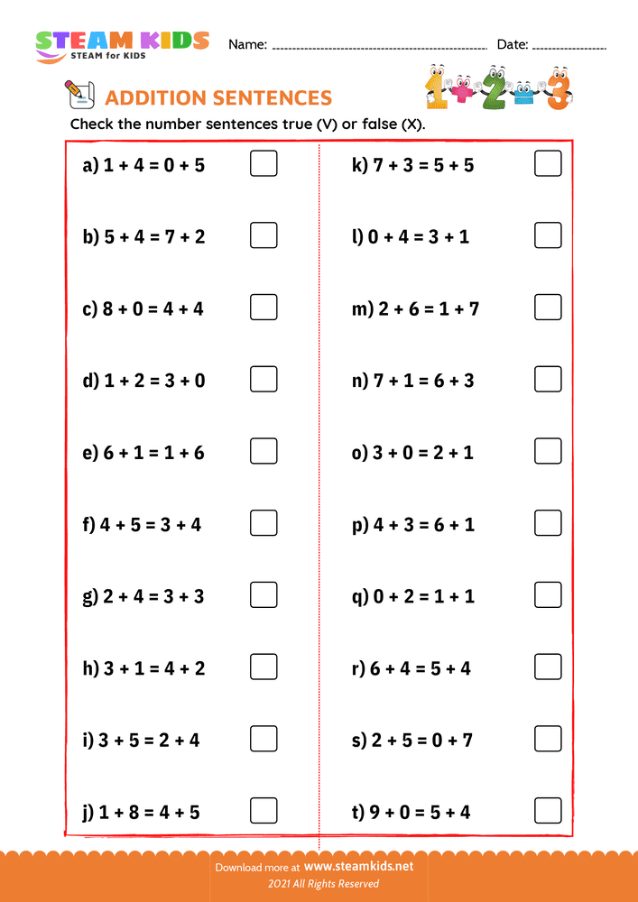 Free Math Worksheet - Check true or false - Worksheet 3