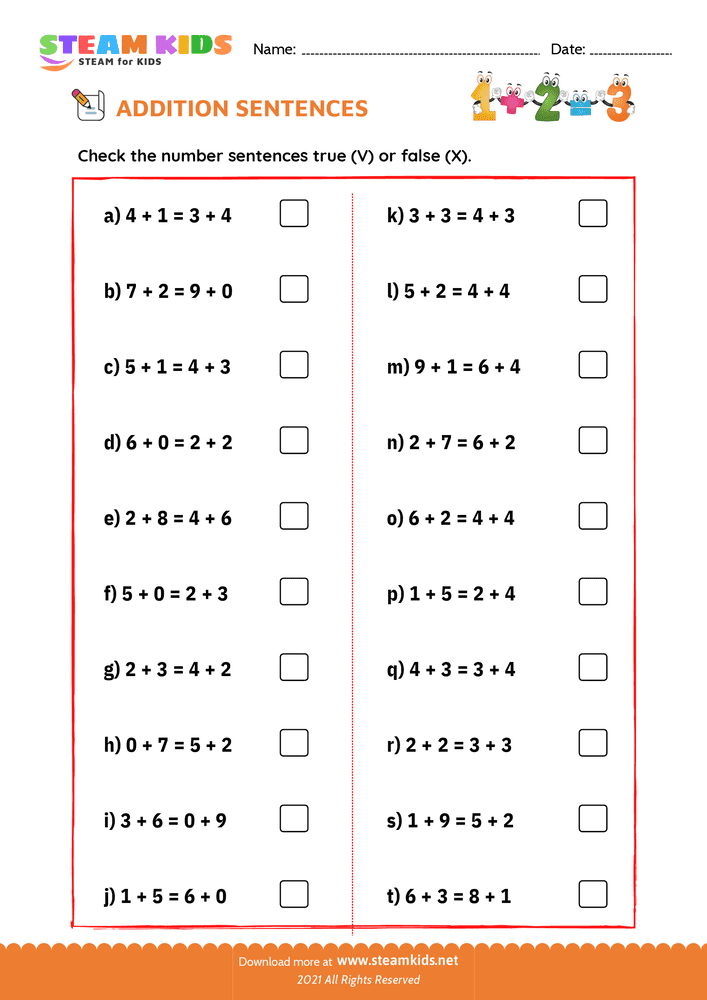 Free Math Worksheet - Check true or false - Worksheet 4