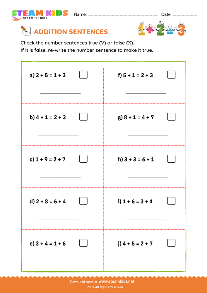 Free Math Worksheet - Check true or false - Worksheet 7