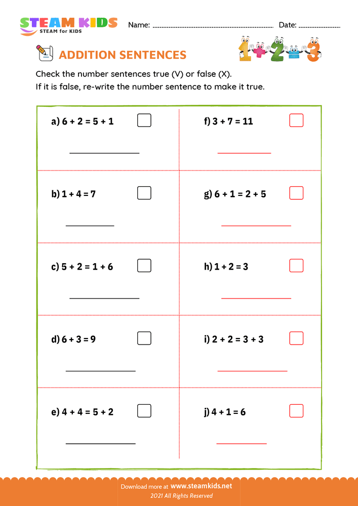 Free Math Worksheet - Check true or false - Worksheet 8