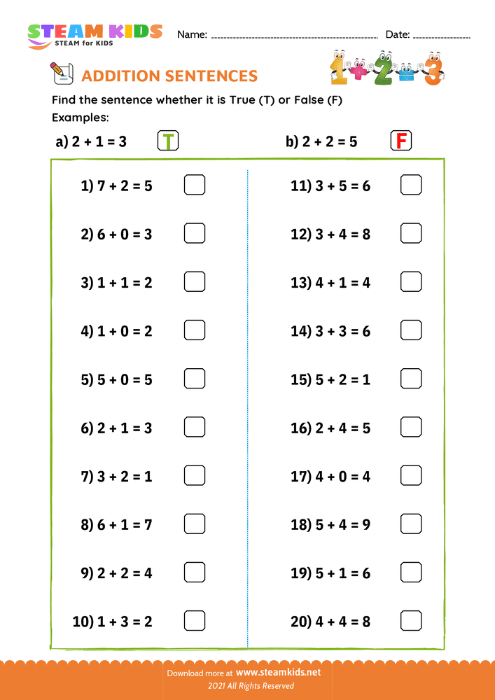 Free Math Worksheet - Check true or false - Worksheet 9