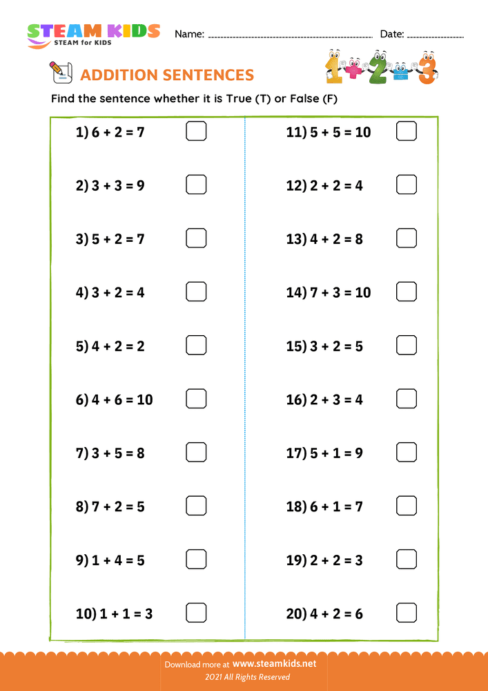 Free Math Worksheet - Check true or false - Worksheet 10