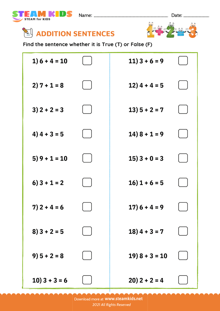 Free Math Worksheet - Check true or false - Worksheet 11