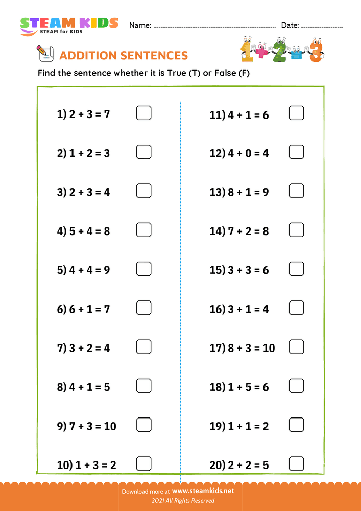 Free Math Worksheet - Check true or false - Worksheet 12