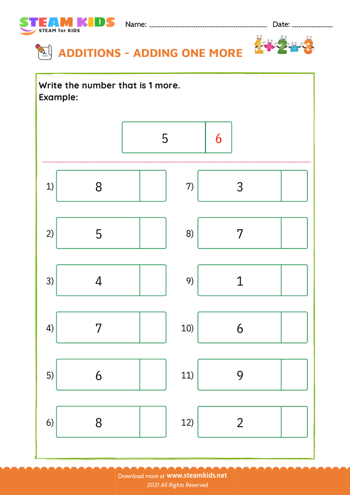 Free Math Worksheet - Adding one more - Worksheet 4