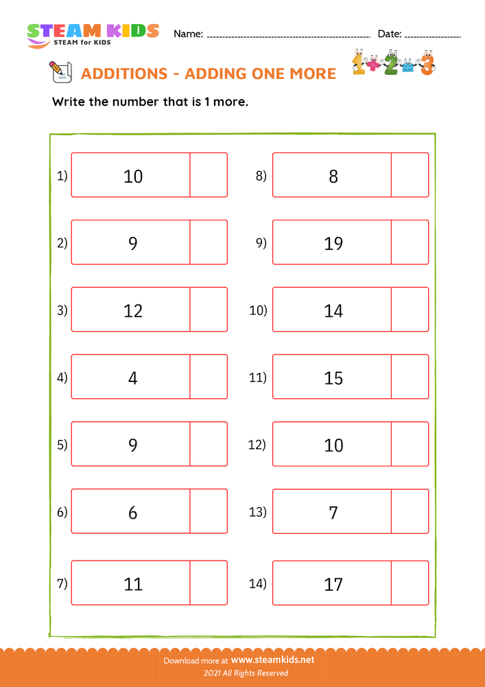 Free Math Worksheet - Adding one more - Worksheet 5
