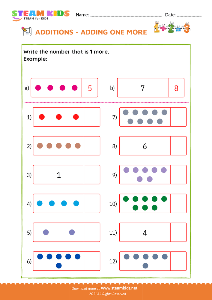 Free Math Worksheet - Adding one more - Worksheet 7