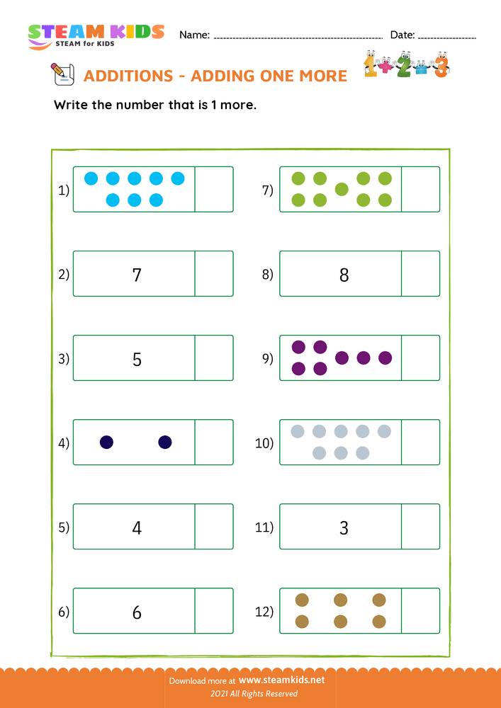 Free Math Worksheet - Adding one more - Worksheet 8
