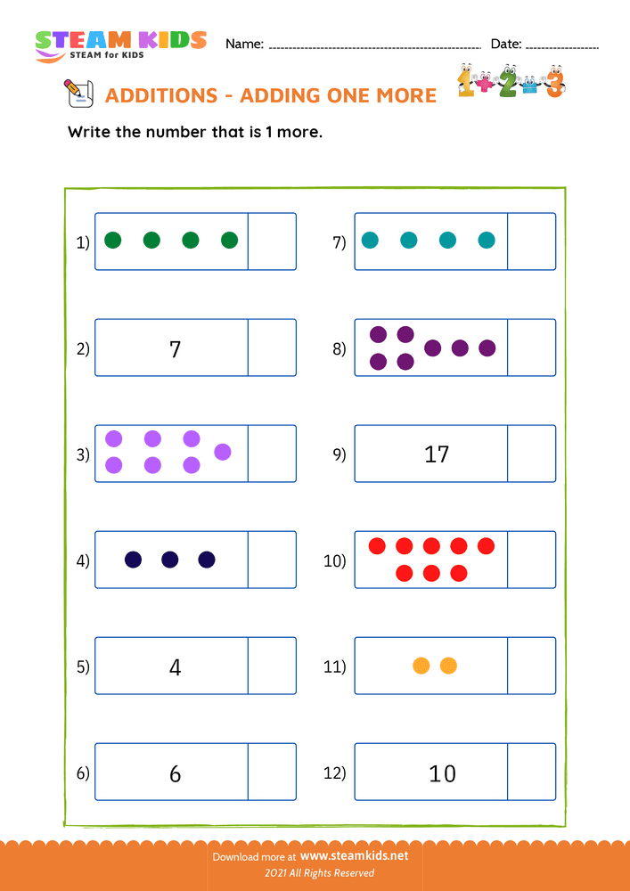 Free Math Worksheet - Adding one more - Worksheet 9