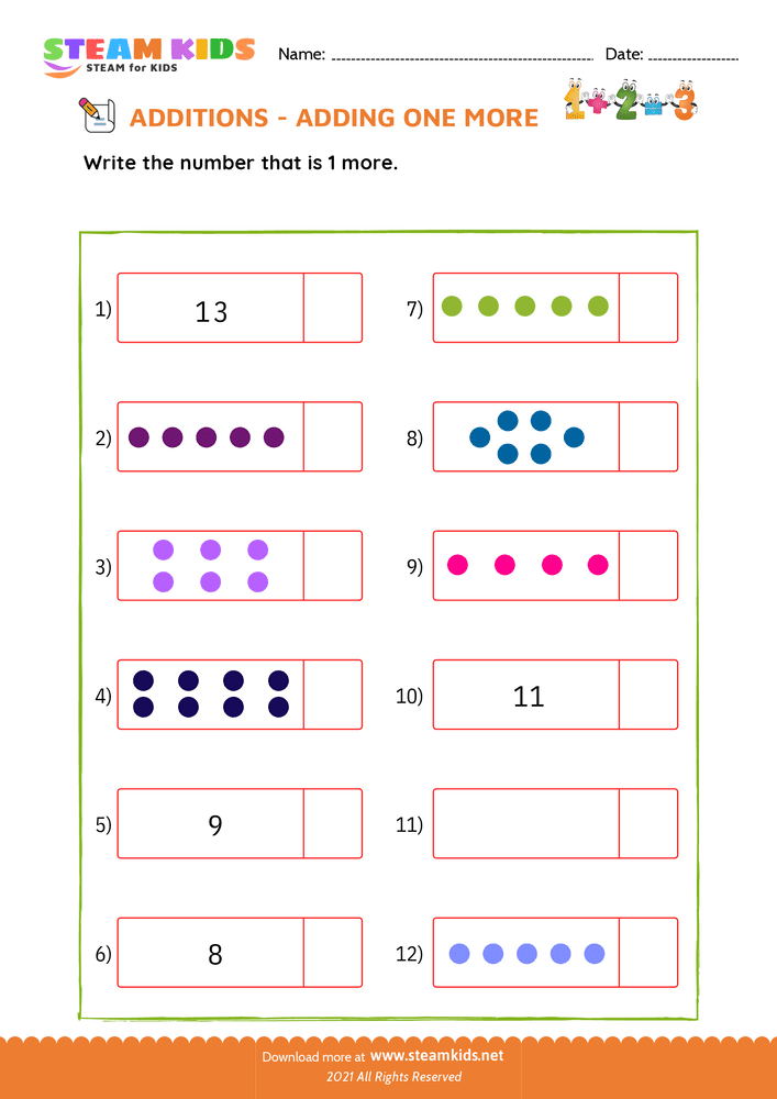 Free Math Worksheet - Adding one more - Worksheet 10