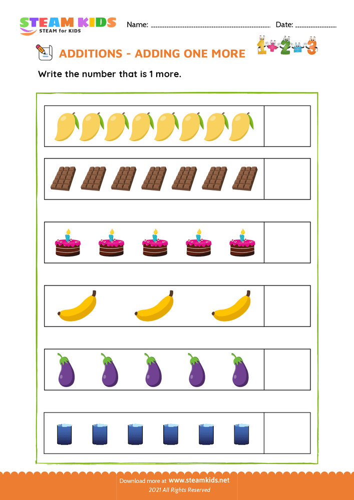 Free Math Worksheet - Adding one more - Worksheet 13