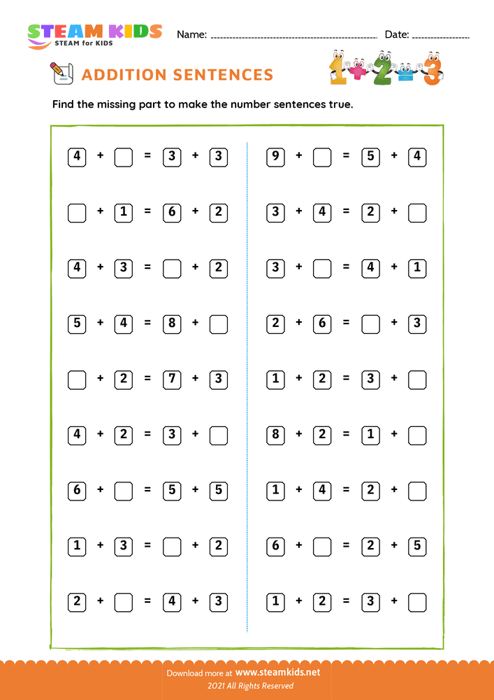 Free Math Worksheet - Fill the missing number - Worksheet 1