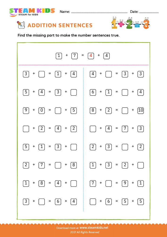 Free Math Worksheet - Fill the missing number - Worksheet 2