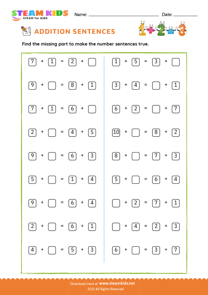 Free Math Worksheet - Fill the missing number - Worksheet 3