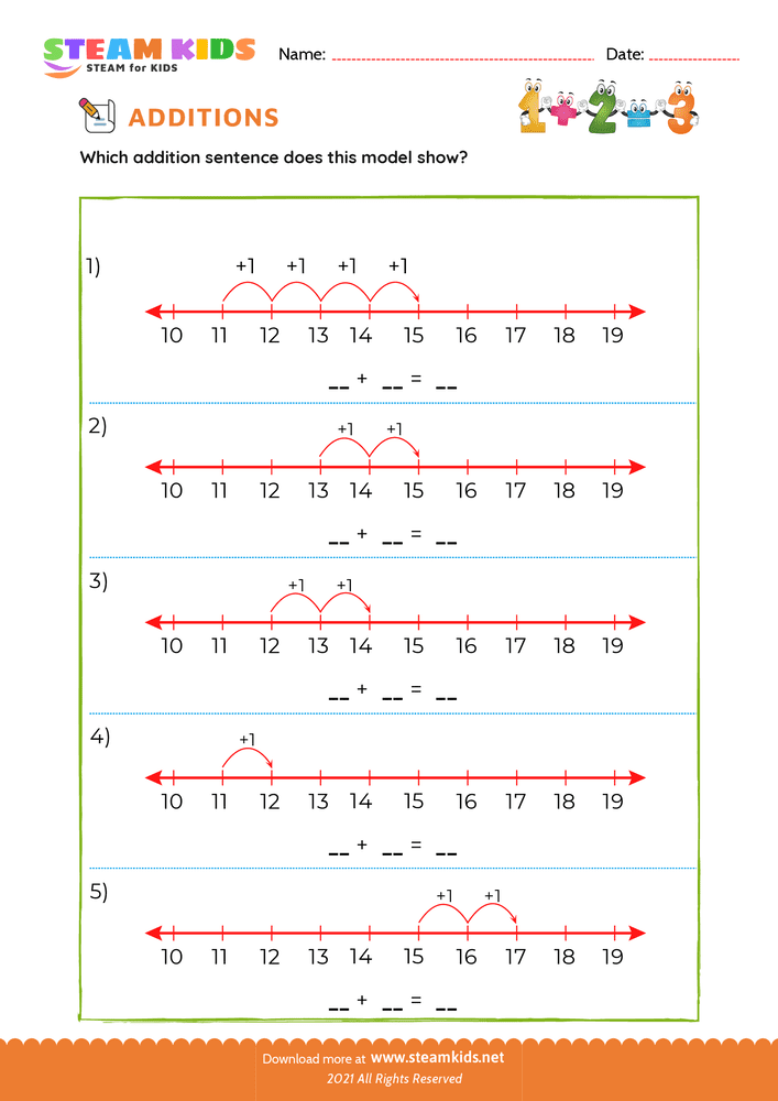 Free Math Worksheet - Add sentence within 18 number line - Worksheet 2