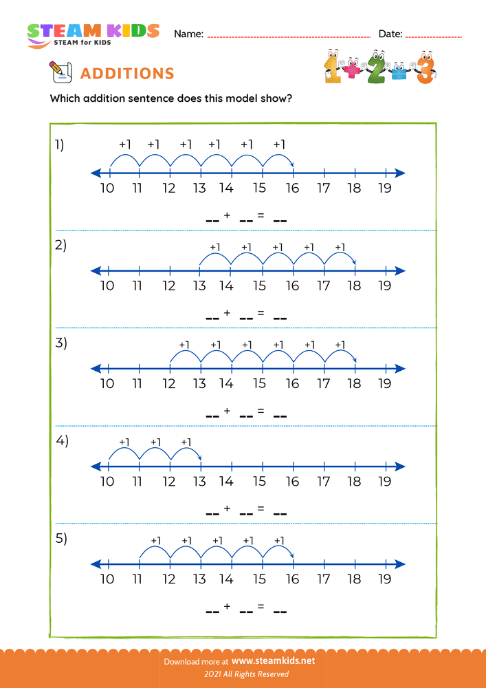 Free Math Worksheet - Add sentence within 18 number line - Worksheet 3