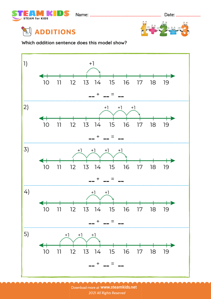 Free Math Worksheet - Add sentence within 18 number line - Worksheet 4