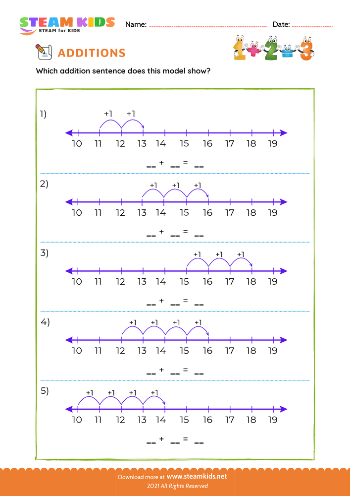 Free Math Worksheet - Add sentence within 18 number line - Worksheet 5