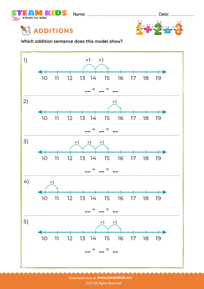 Free Math Worksheet - Add sentence within 18 number line - Worksheet 6