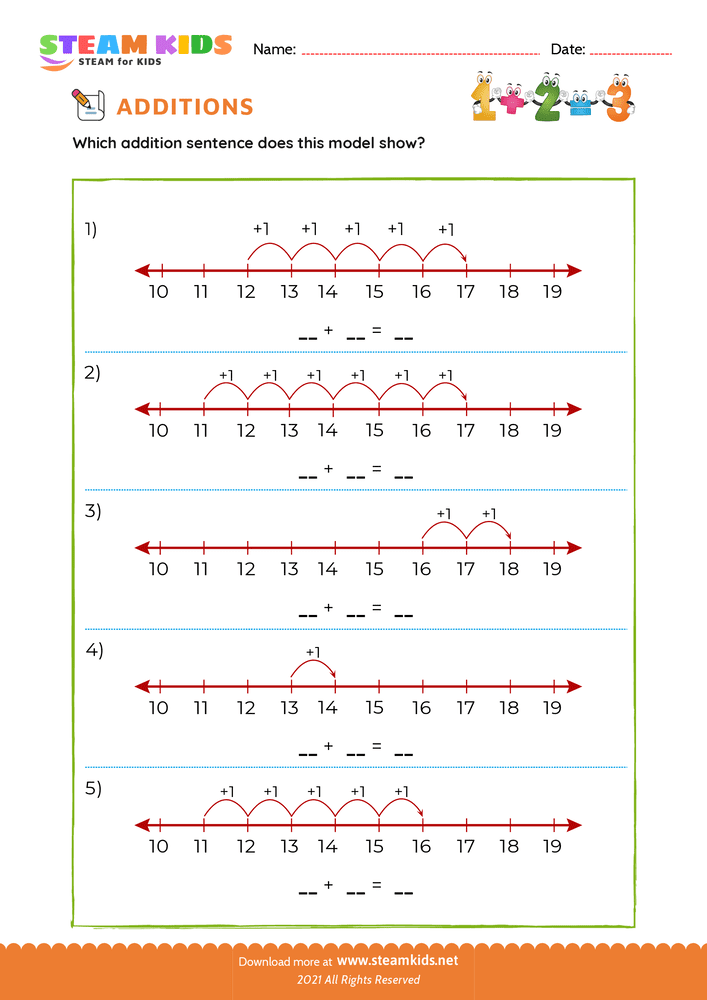 Free Math Worksheet - Add sentence within 18 number line - Worksheet 7