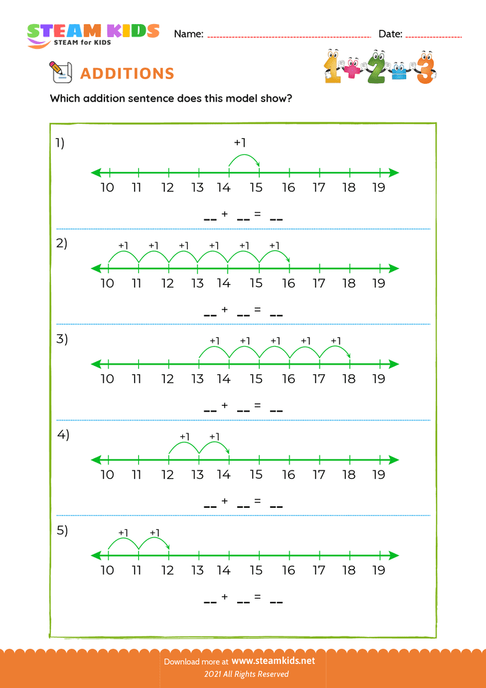 Free Math Worksheet - Add sentence within 18 number line - Worksheet 9