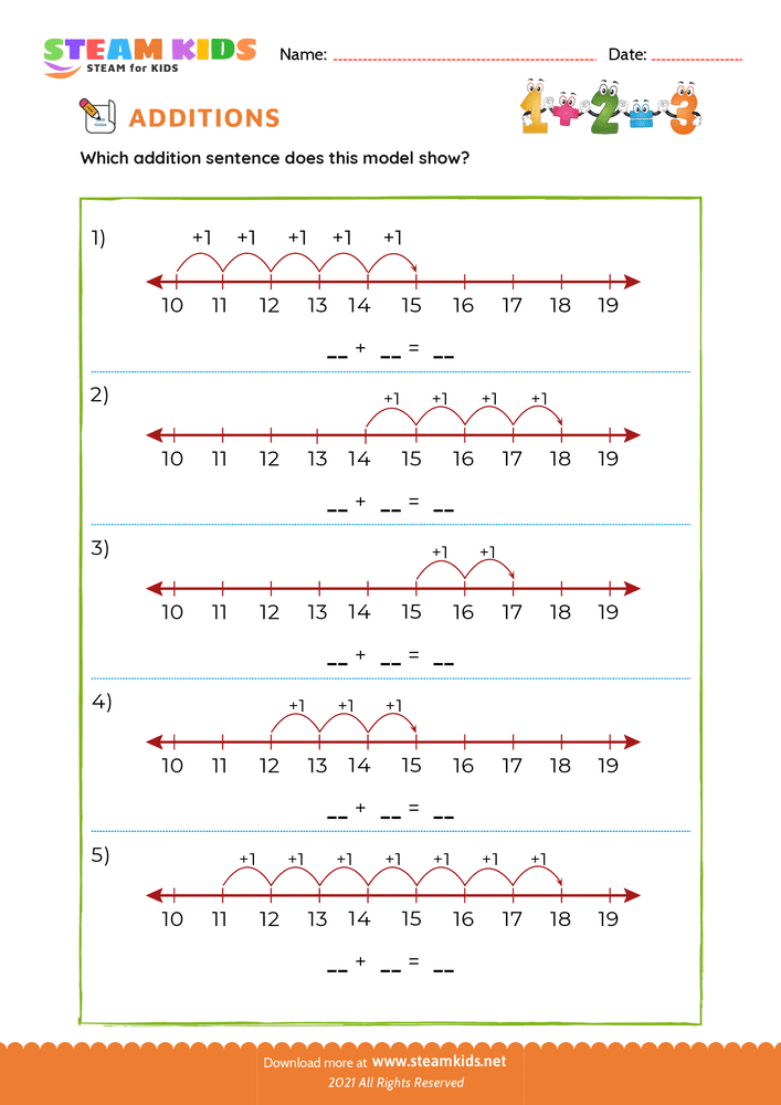 Free Math Worksheet - Add sentence within 18 number line - Worksheet 10