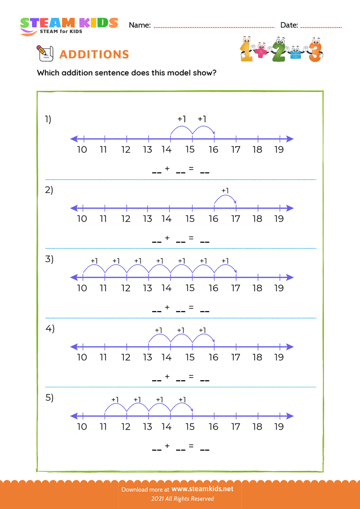 Free Math Worksheet - Add sentence within 18 number line - Worksheet 11