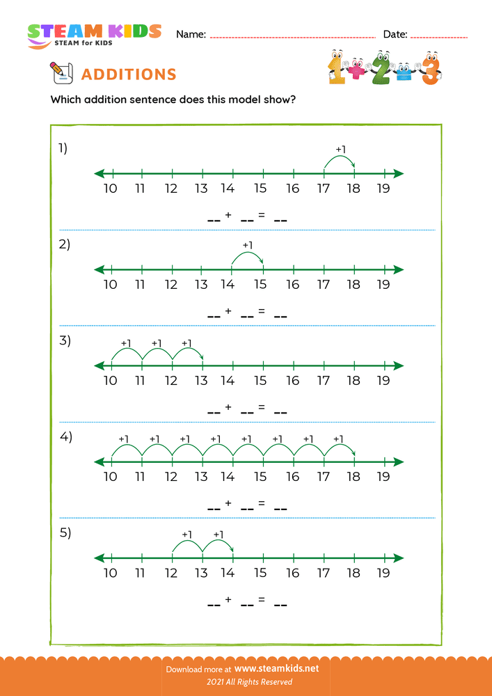 Free Math Worksheet - Add sentence within 18 number line - Worksheet 12