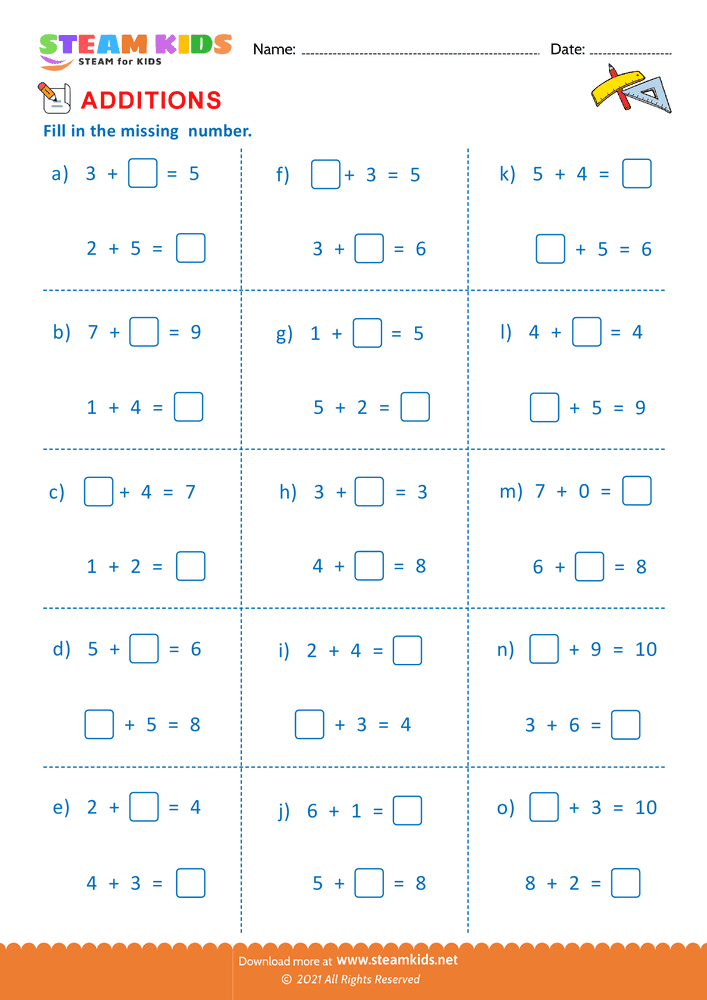 Free Math Worksheet - Fill the missing number - Worksheet 5