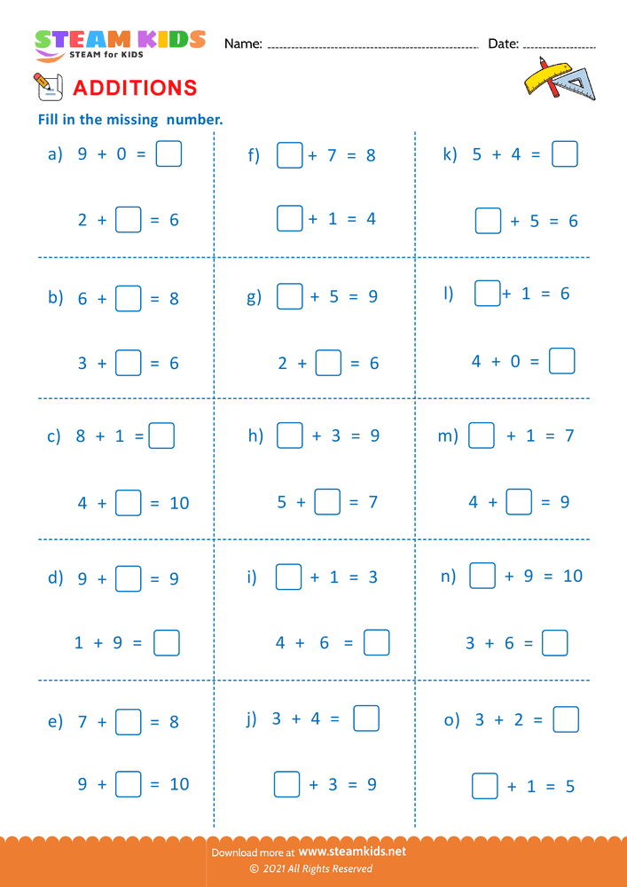 Free Math Worksheet - Fill the missing number - Worksheet 7