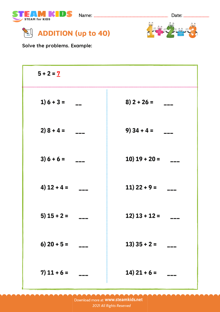 Free Math Worksheet - Addition up to 40 - Worksheet 1