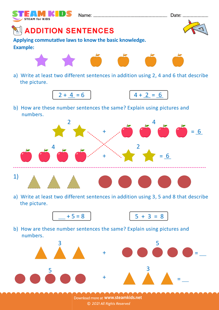 Free Math Worksheet - Commutative laws - Worksheet 1