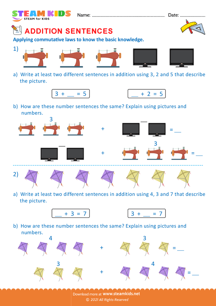 Free Math Worksheet - Commutative laws - Worksheet 4