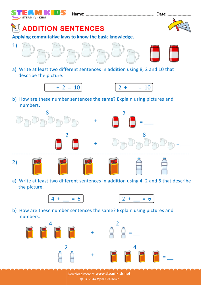 Free Math Worksheet - Commutative laws - Worksheet 5