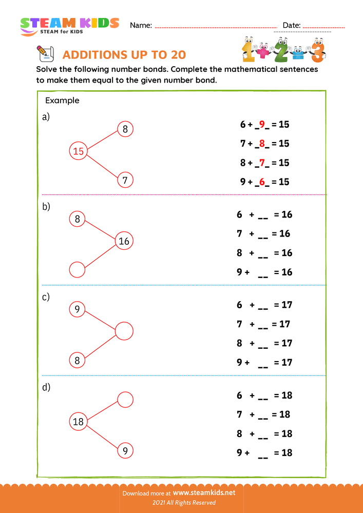 Free Math Worksheet - Add sentences sum upto 20 - Worksheet 1