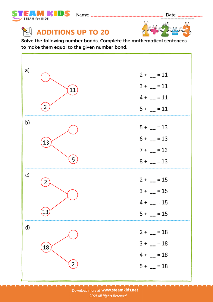 Free Math Worksheet - Add sentences sum upto 20 - Worksheet 2