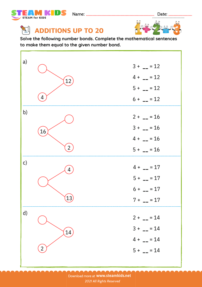 Free Math Worksheet - Add sentences sum upto 20 - Worksheet 3
