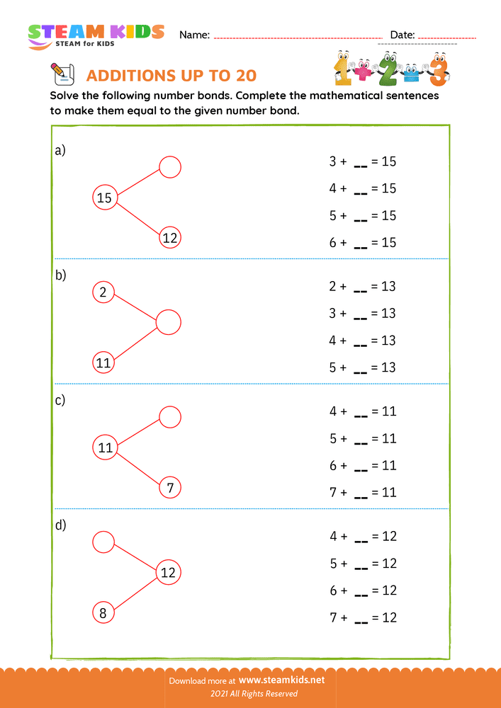 Free Math Worksheet - Add sentences sum upto 20 - Worksheet 4