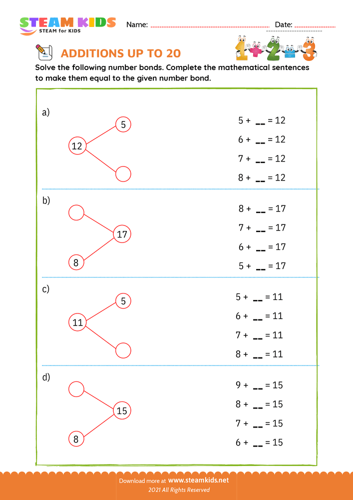 Free Math Worksheet - Add sentences sum upto 20 - Worksheet 5