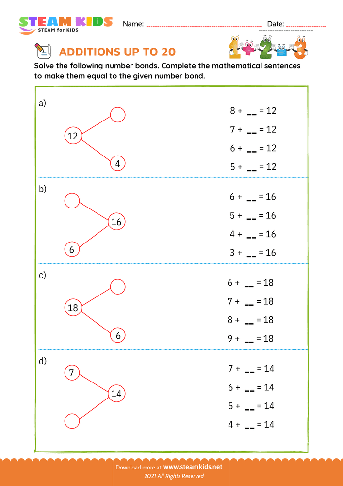 Free Math Worksheet - Add sentences sum upto 20 - Worksheet 6