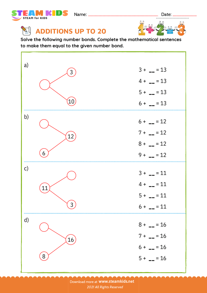 Free Math Worksheet - Add sentences sum upto 20 - Worksheet 7
