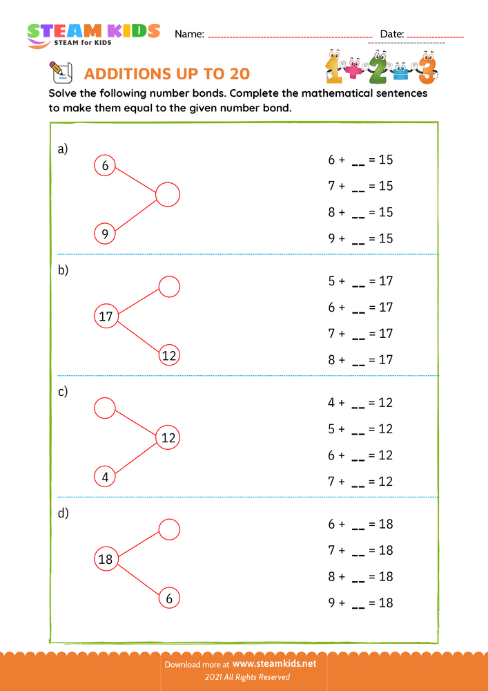 Free Math Worksheet - Add sentences sum upto 20 - Worksheet 8