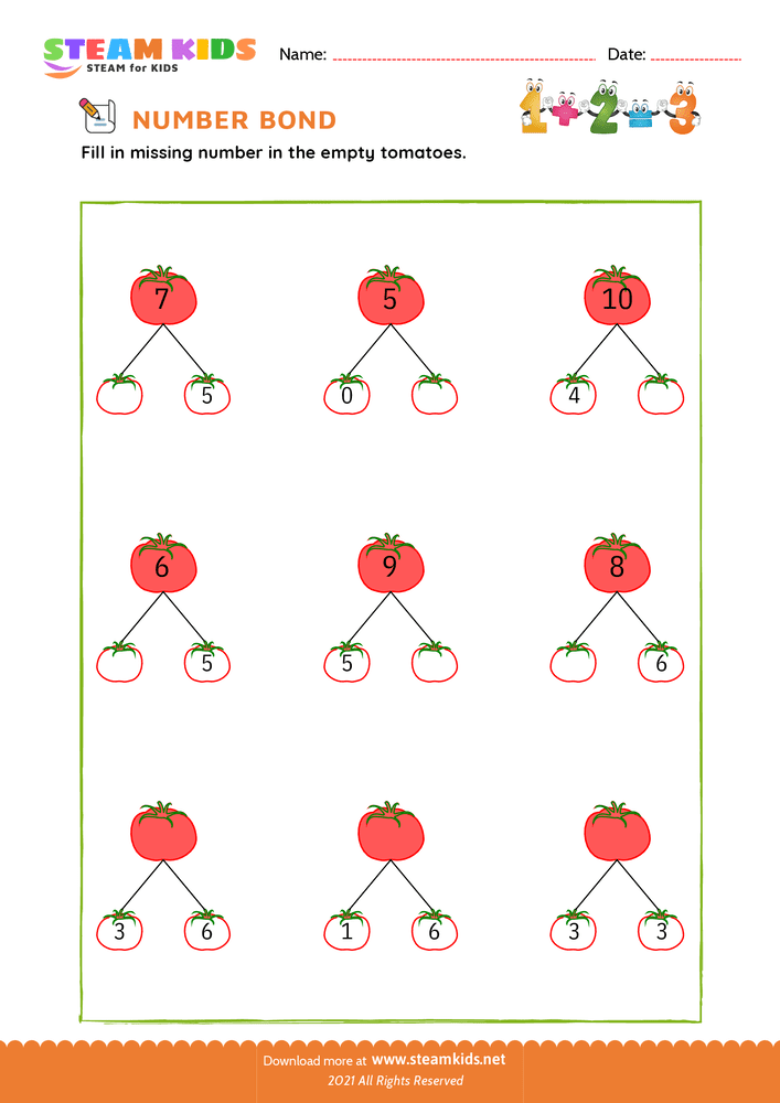 Free Math Worksheet - Fill the missing number - Worksheet 5