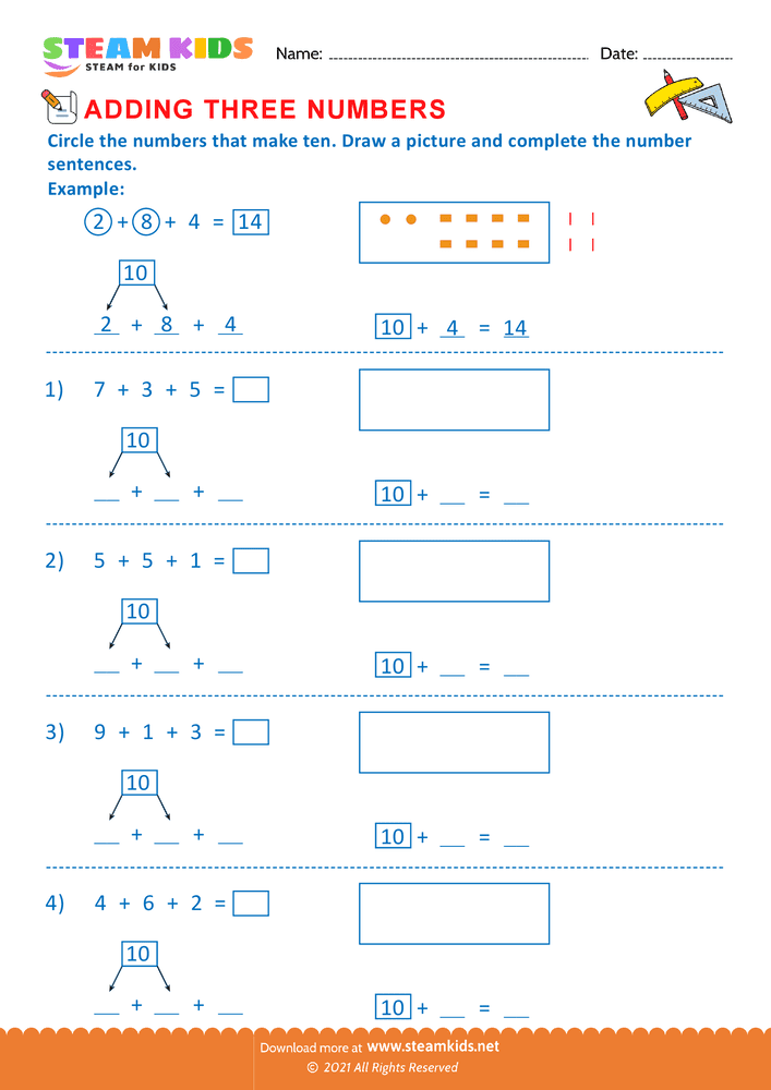 Free Math Worksheet - Adding three number - Worksheet 1