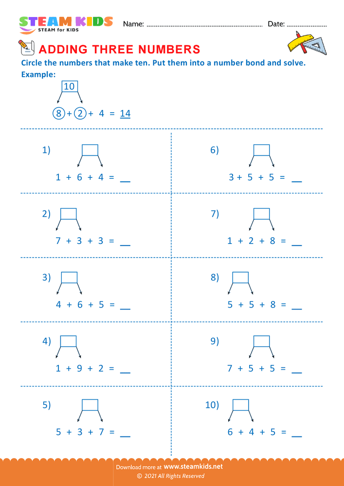 Free Math Worksheet - Adding three number - Worksheet 5