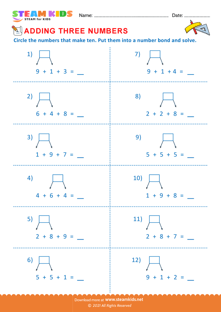 Free Math Worksheet - Adding three number - Worksheet 6